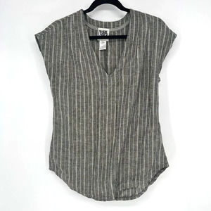 Prairie Underground Organic Linen Hemp Grey Cream Striped V Neck Top Size XS